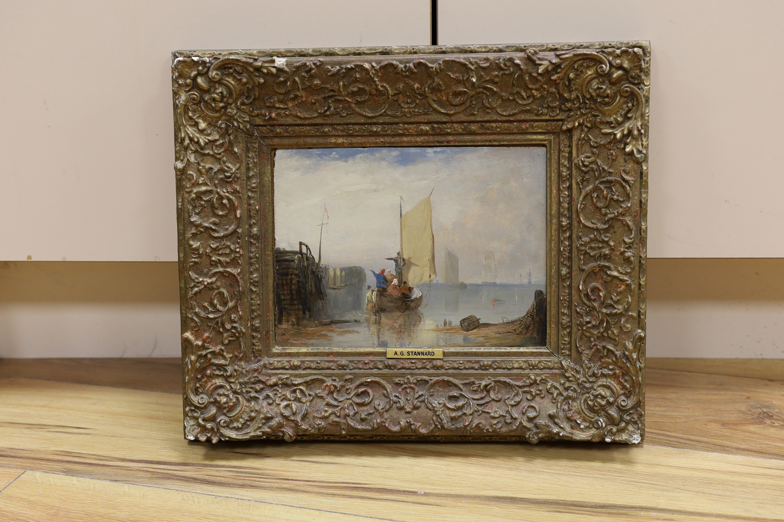 Alfred George Stannard (1828-1885), oil on board, Yarmouth jetty, Nightingale of Norwich label verso, 18 x 24cm